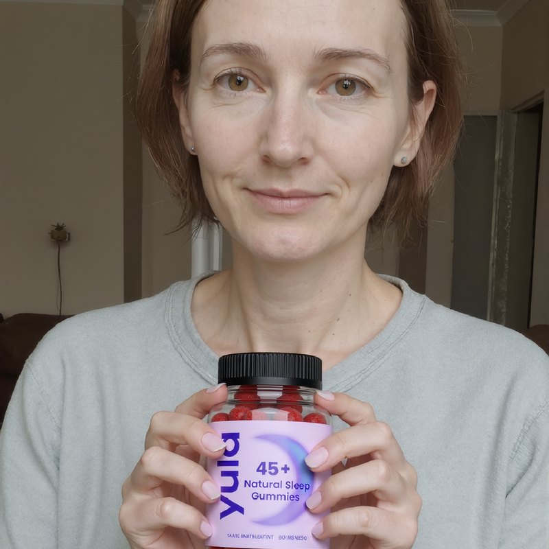 Woman holding a supplement bottle labeled '45+' in an indoor setting