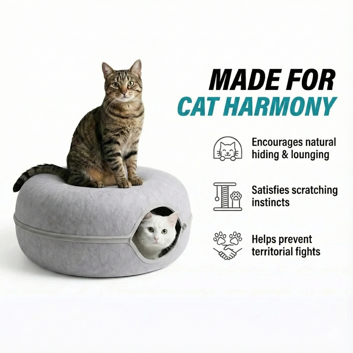 Cat sitting on a gray cat bed with text about cat harmony and product benefits.